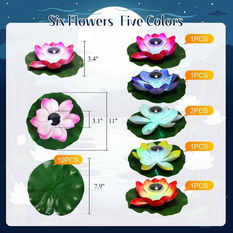 VIHOSE 6 Pcs Solar Floating Pond Lights Waterproof Solar Lotus Floating LED with 10 Pcs Lily Pads Swimming Pool Pond Flower Night Lights for Patio Garden Pool Outdoor Party Decorations - Image 2